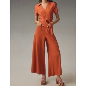 Anthropologie Burnt Orange Short-Sleeve Wrap Jumpsuit Colette